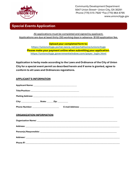First page of the Special Event Permit Application