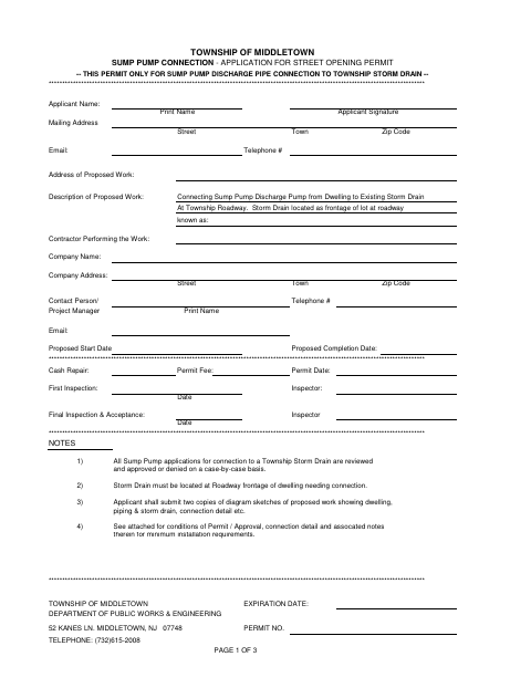 First page of the Sump Pump Connection Application for Street Opening Permit
