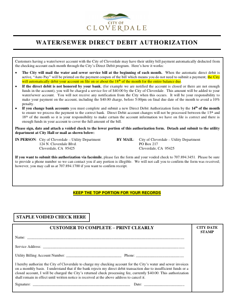 First page of the Water/Sewer Direct Debit Authorization