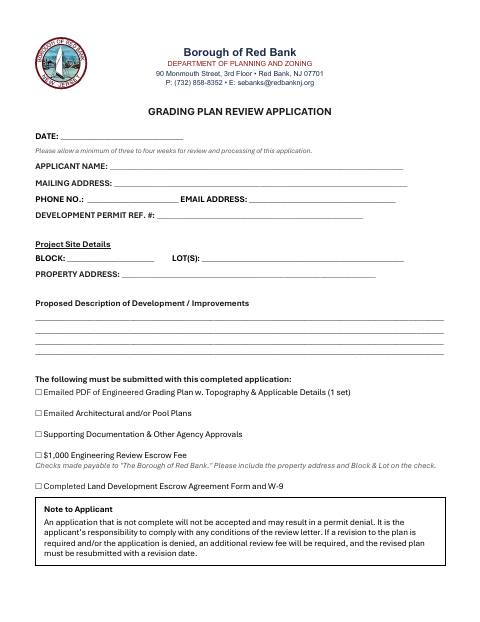 First page of the Grading Plan Review Application