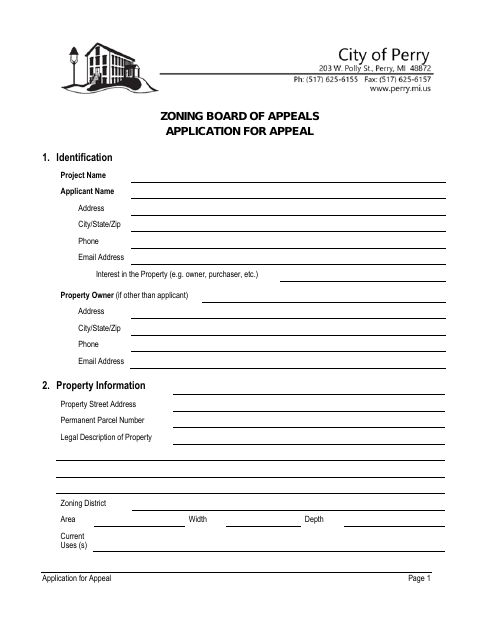 First page of the Zoning Board of Appeals Application for Appeal
