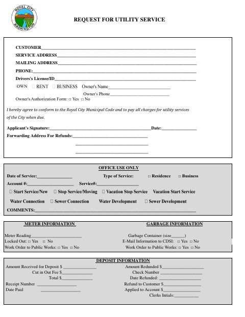 First page of the Request for Utility Service