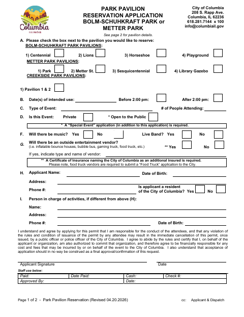 First page of the Park Pavilion Reservation Application