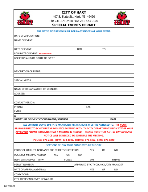 First page of the Special Events Permit