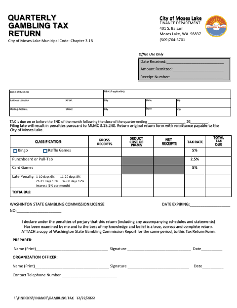 First page of the Quarterly Gambling Tax Return