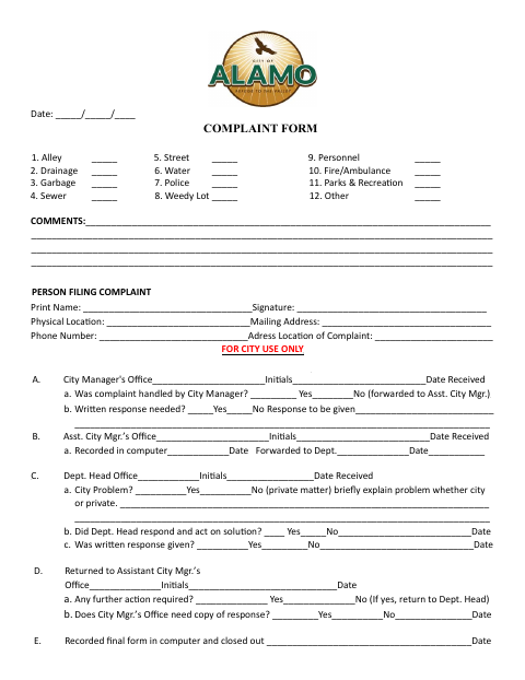First page of the Complaint Form