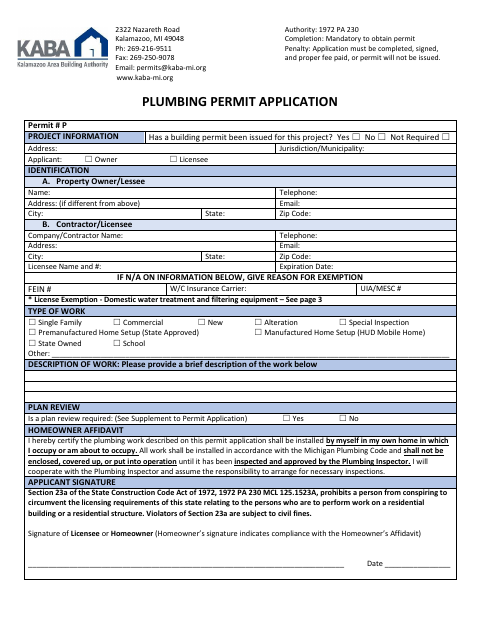 First page of the Plumbing Permit Application