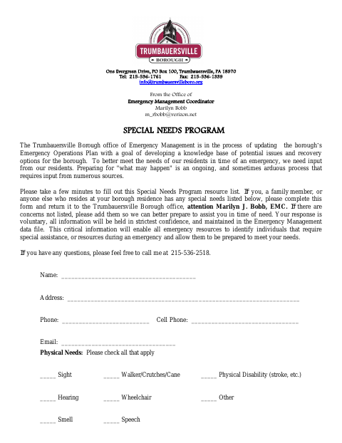 First page of the Special Needs Program