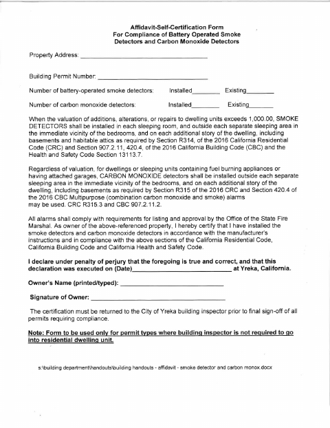 First page of the Smoke Detector and Carbon Monoxide Form