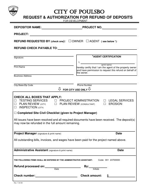 First page of the Request & Authorization for Refund of Deposits