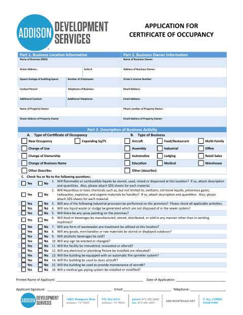 First page of the Certificate of Occupancy Application