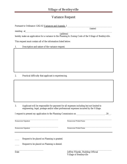 First page of the Variance Request