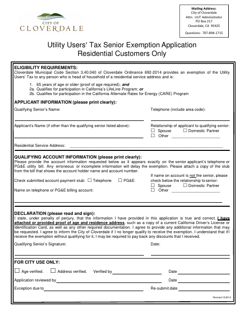 First page of the Utility Users’ Tax Senior Exemption Application