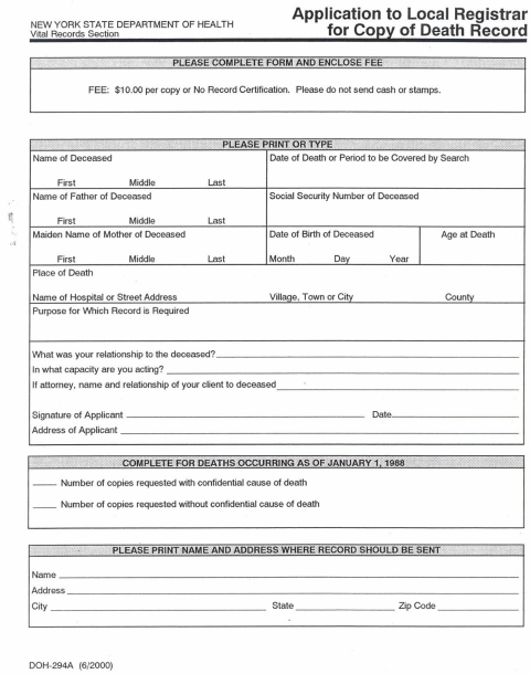 First page of the Application for Copy of Death Record