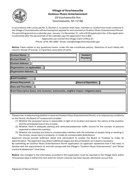 First page of the Outdoor Music Entertainment Permit