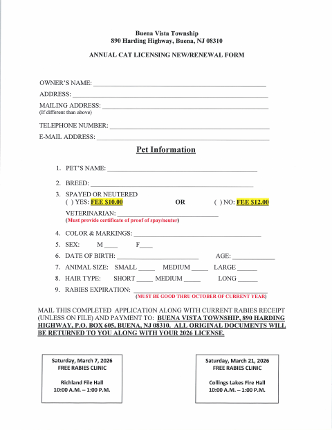 First page of the Annual Cat Licensing New/Renewal Form