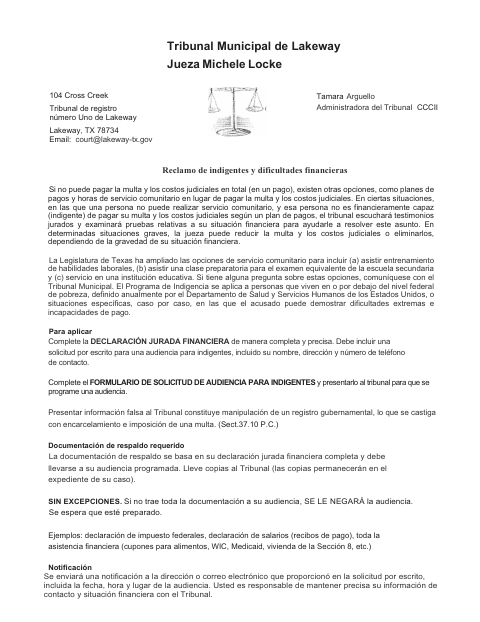 First page of the Indigency and Financial Hardship Claim