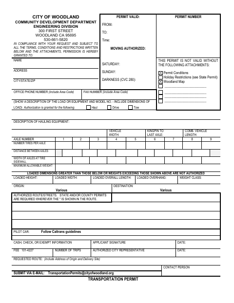 First page of the Transportation Permit
