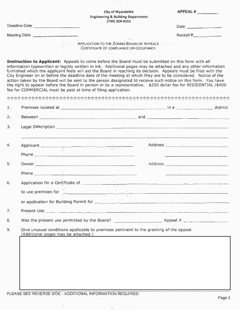 First page of the Application to the Zoning Board of Appeals