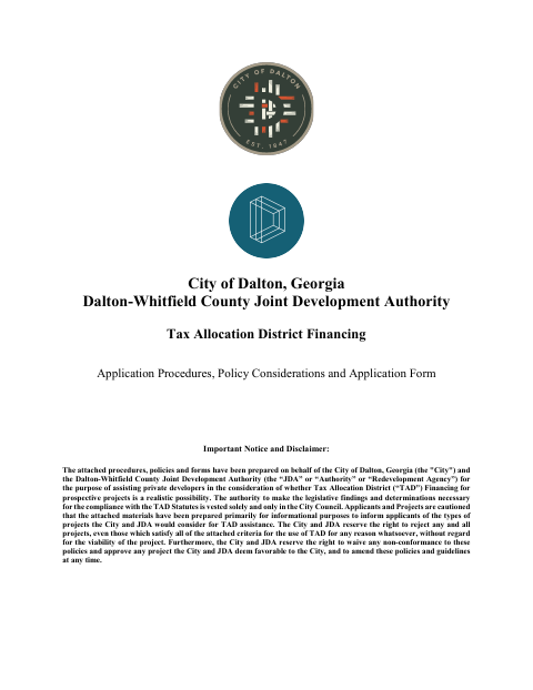 First page of the Tax Allocation District Financing Application