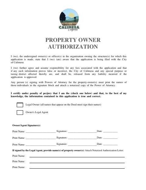 First page of the Property Owner Authorization