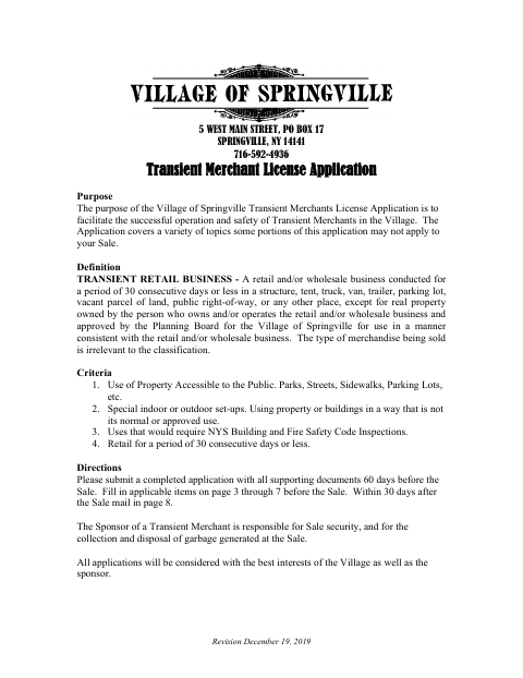 First page of the Transient Merchant License Application