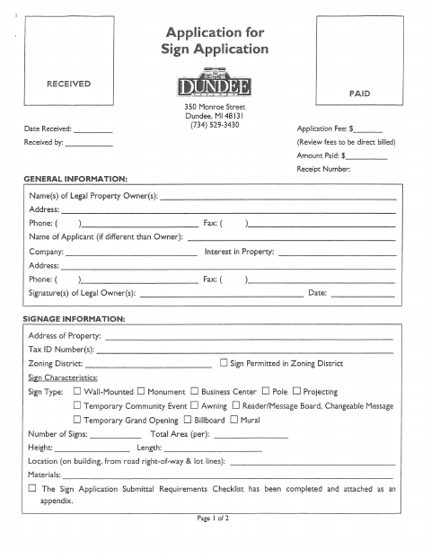 First page of the Sign Application