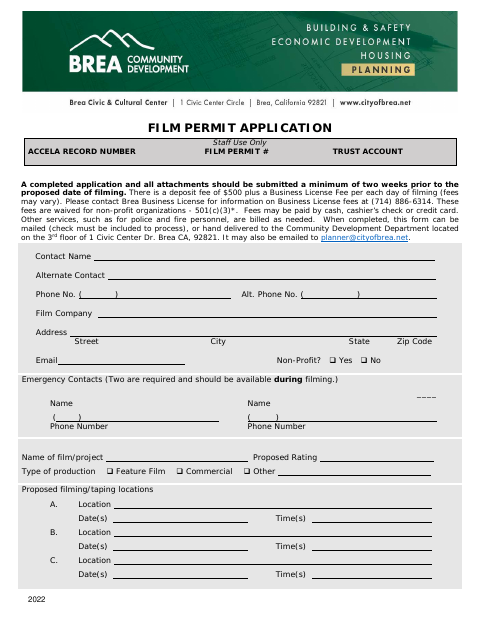First page of the Film Permit Application