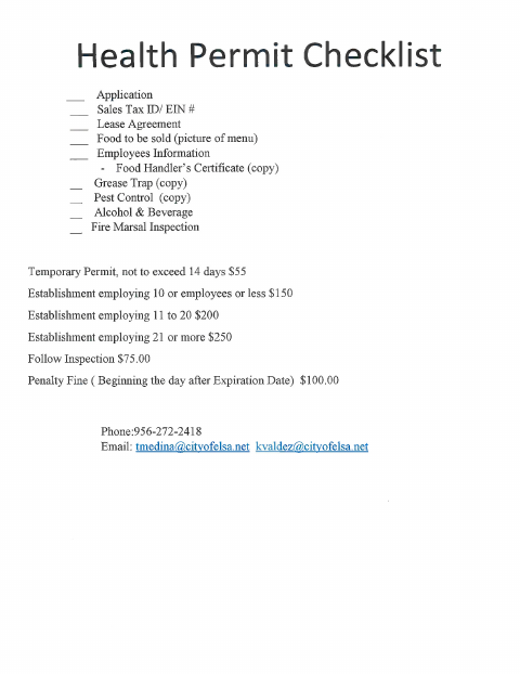 First page of the Health Permit Application