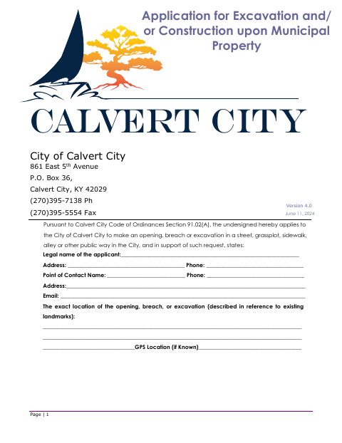 First page of the Application for Excavation and/or Construction upon Municipal Property