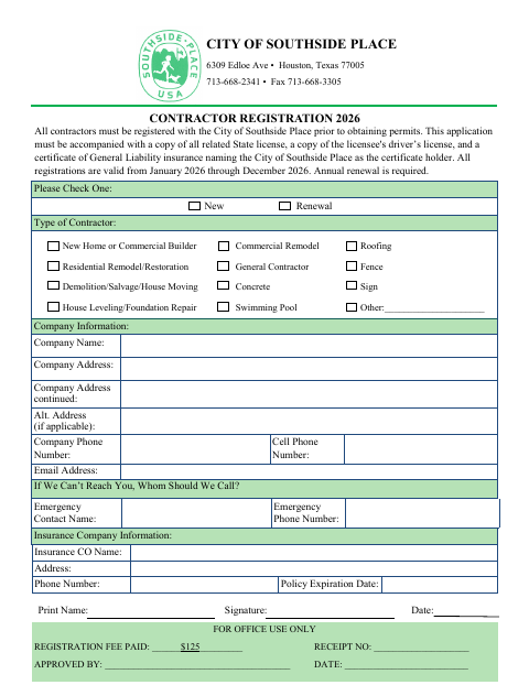 First page of the Contractor Registration