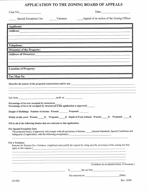 First page of the ZBA Application for Variance