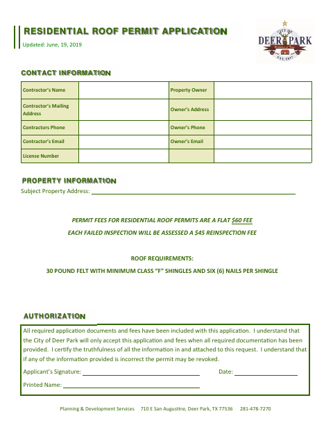 First page of the Residential Roof Permit Application