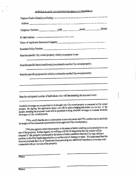 First page of the Application to Use City Property