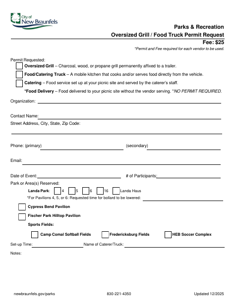 First page of the Oversized Grill / Food Truck Permit Request
