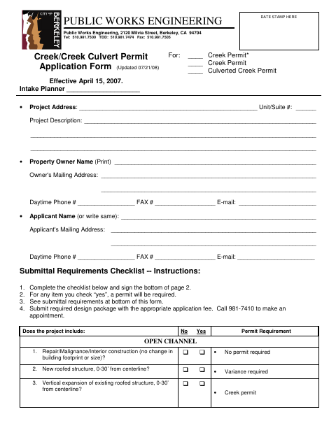 First page of the Creek/Creek Culvert Permit Application Form