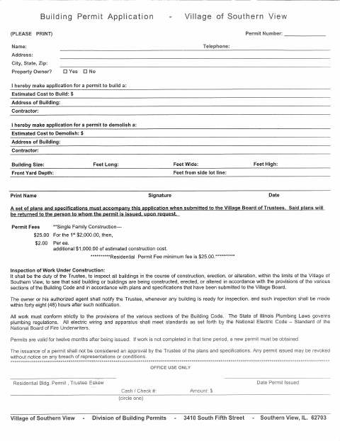First page of the Residential Building/Demolition Permit Application