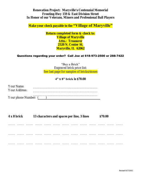 First page of the Buy a Brick Order Form