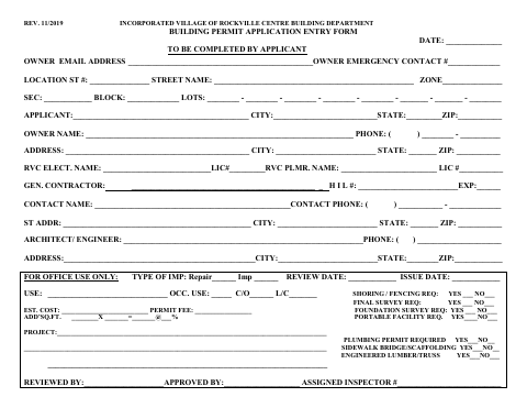 First page of the Building Permit Application Entry Form