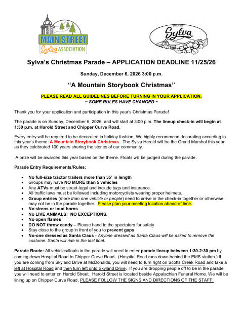 First page of the Christmas Parade Application