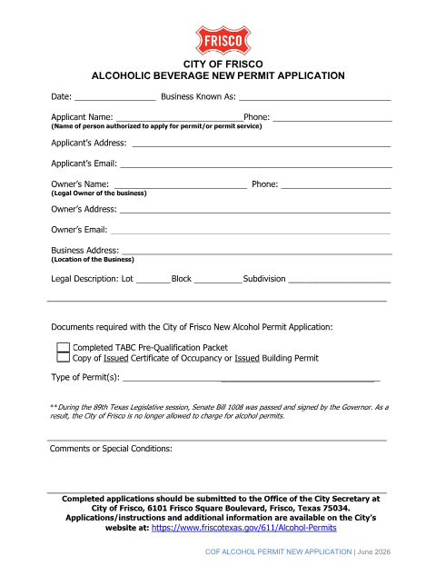 First page of the Alcoholic Beverage New Permit Application