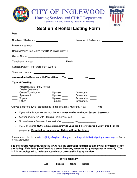 First page of the Section 8 Rental Listing Form