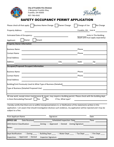 First page of the Safety Occupancy Permit Application