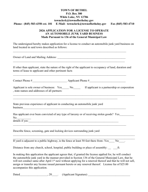 First page of the Application for a License to Operate an Automobile Junk Yard Business