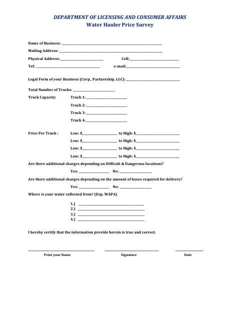 First page of the Water Hauler Price Survey