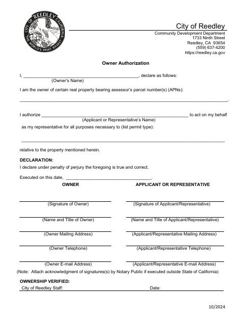 First page of the Owner Authorization