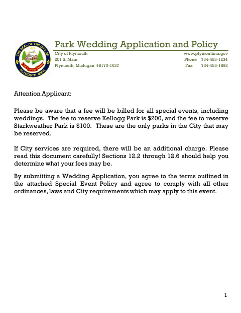 First page of the Park Wedding Application and Policy