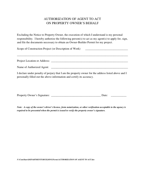 First page of the Authorization of Agent to Act on Property Owner’s Behalf