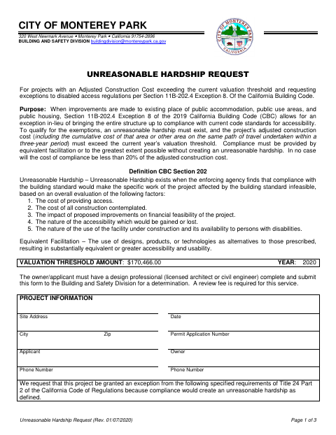 First page of the Unreasonable Hardship Request