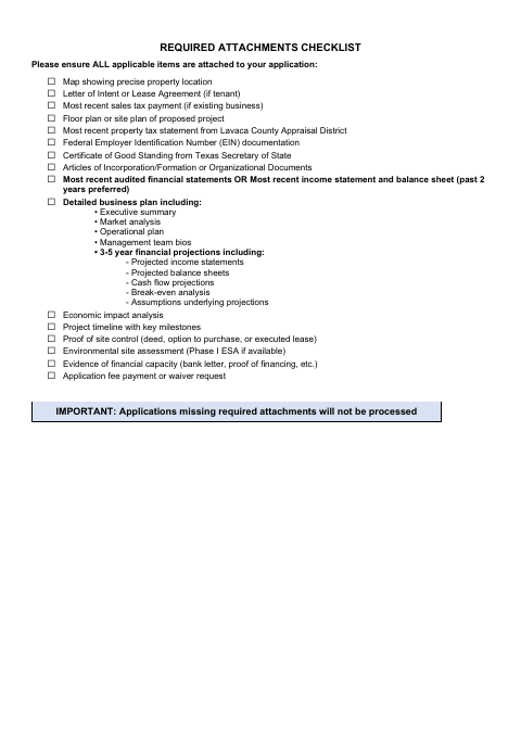 First page of the Economic Development Incentives Attachments Checklist